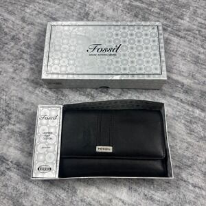 VTG Leather Fossil Leather Flap Clutch Wallet With Pen in OG Box NWT